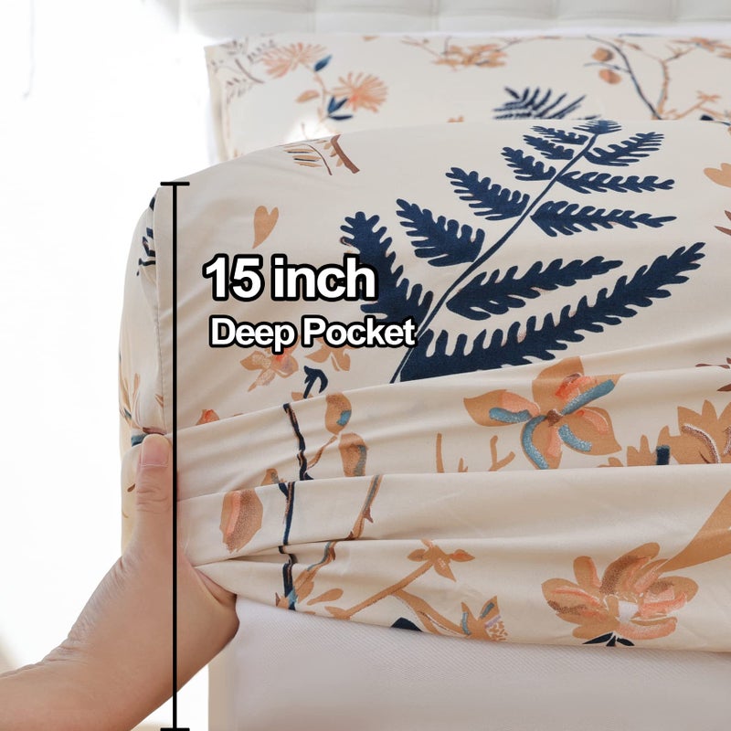 JSD Boho Floral Printed Sheet Set King Size, 4 Piece, Soft Botanical Pattern Microfiber Sheets Extra Deep Pocket - Image 5